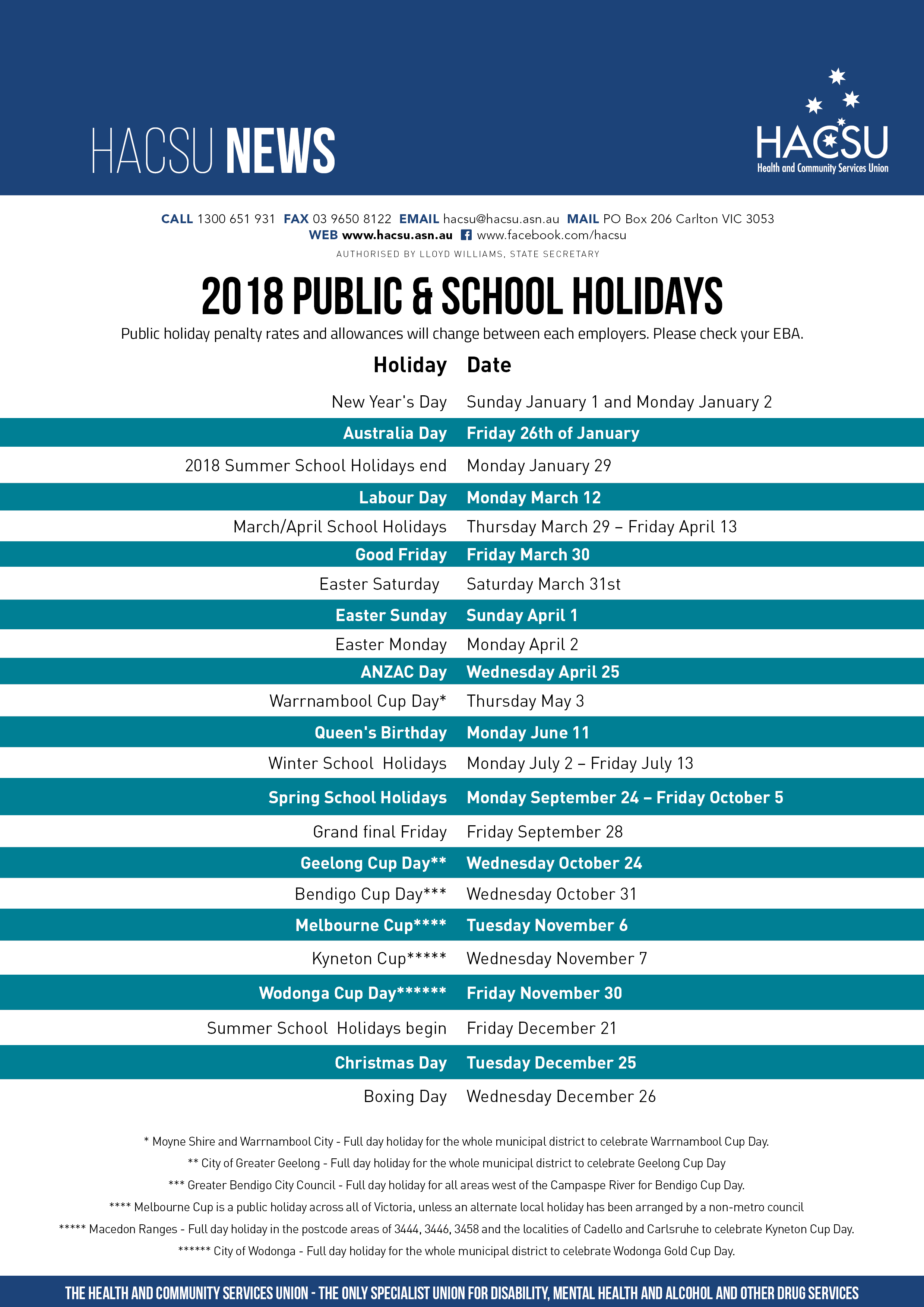 2018 Public holidays