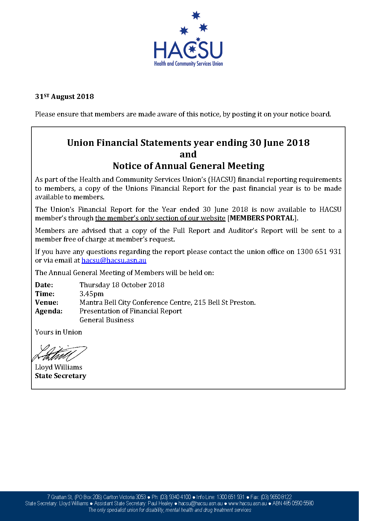 Fin Report and AGM Notice 2018 to delegates