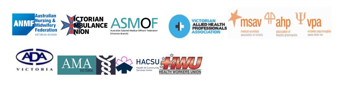 Logos of trade unions representing healthcare workers in Victoria
